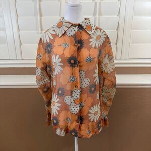 Vintage 70s Floral Chiffon Button Up Shirt Sheer Orange Sz M  Mod Boho Chic